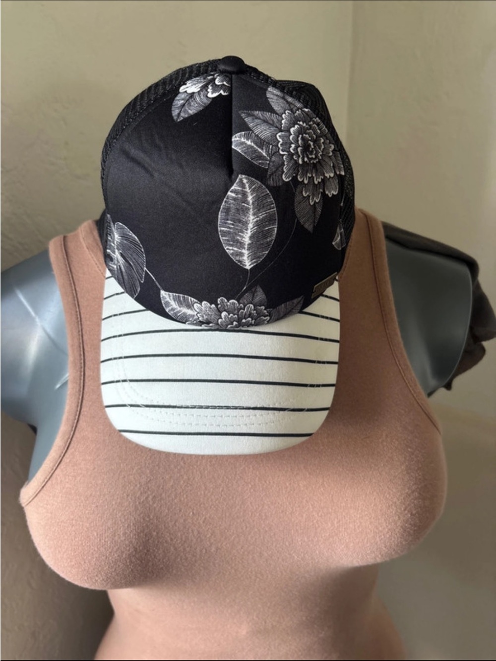 Roxy Black Floral Trucker Hat with White Striped Bill